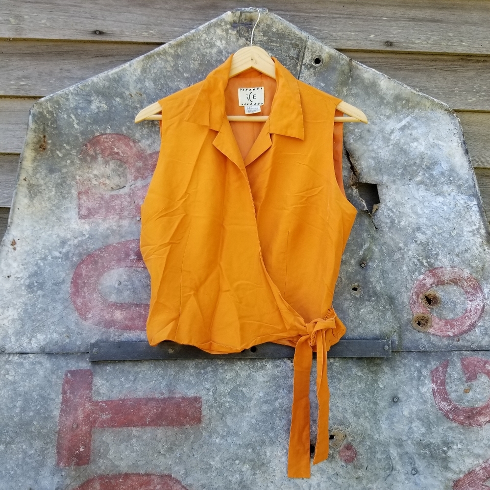VTG 80s Orange Silk Sleeveless Tie Front Wrap Top